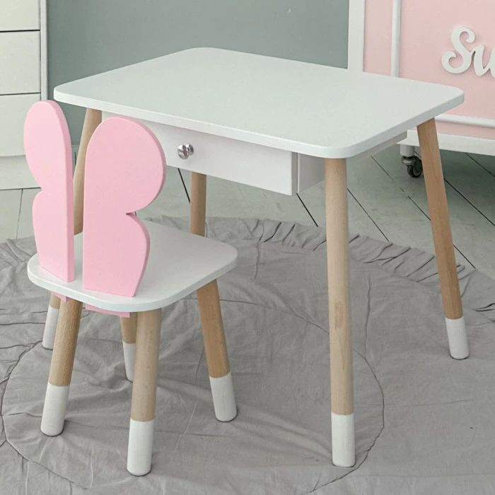 Стіл прямокутний з шухлядою 46х60х45 і стілець метелик 26.5х26х25, столик та стільчик для дівчачої кімнати, рожевий з білим
