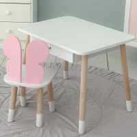 Стол прямоугольный с ящиком 46х60х45 и стул бабочка 26.5х26х25, столик и стульчик для девичьей комнаты, розовый с белым