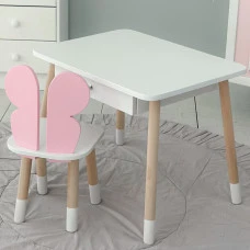 Стол прямоугольный с ящиком 46х60х45 и стул бабочка 26.5х26х25, столик и стульчик для девичьей комнаты, розовый с белым