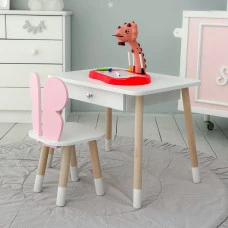 Стол прямоугольный с ящиком 46х60х45 и стул бабочка 26.5х26х25, столик и стульчик для девичьей комнаты, розовый с белым