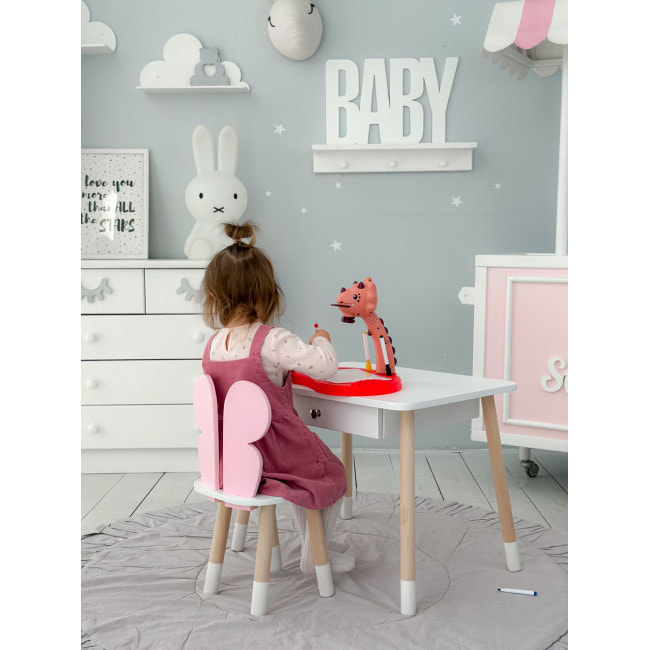 Стол прямоугольный с ящиком 46х60х45 и стул бабочка 26.5х26х25, столик и стульчик для девичьей комнаты, розовый с белым