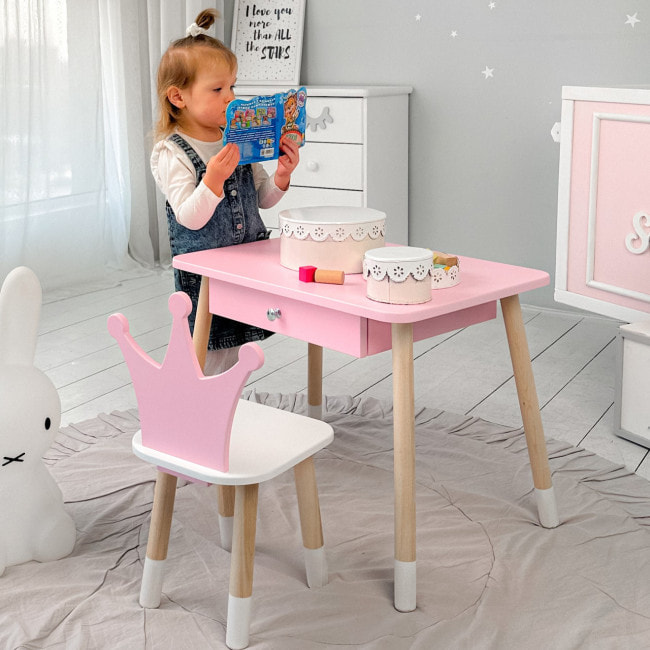 Стол прямоугольный с ящиком 46х60х45 и стул корона 26.5х26х25, столик и стульчик в детскую, розовый с белым