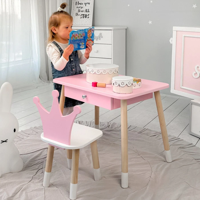 Стіл прямокутний з ящиком 46х60х45 і стілець корона 26.5х26х25, столик та стільчик в дитячу, рожевий з білим