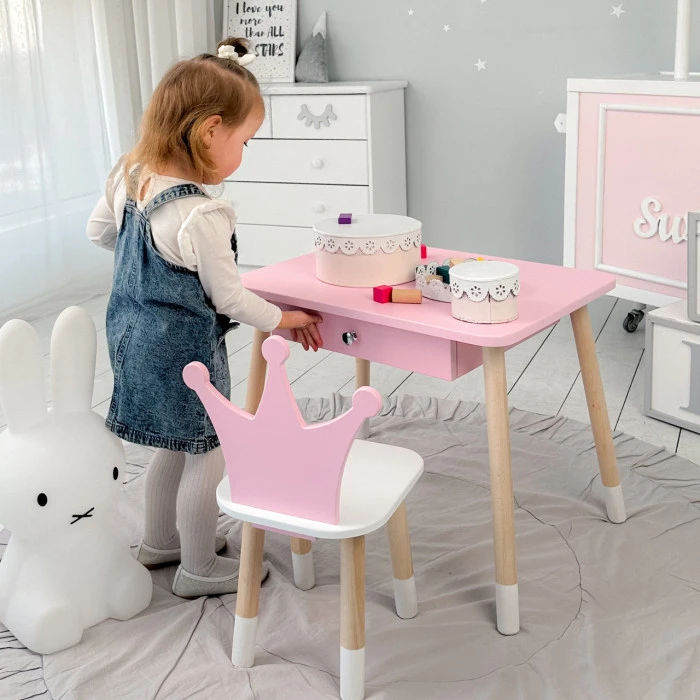 Стіл прямокутний з ящиком 46х60х45 і стілець корона 26.5х26х25, столик та стільчик в дитячу, рожевий з білим