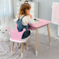 Стол прямоугольный с ящиком 46х60х45 и стул корона 26.5х26х25, столик и стульчик в детскую, розовый с белым