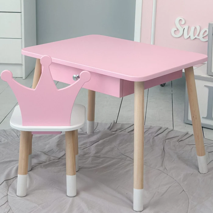 Стіл прямокутний з ящиком 46х60х45 і стілець корона 26.5х26х25, столик та стільчик в дитячу, рожевий з білим