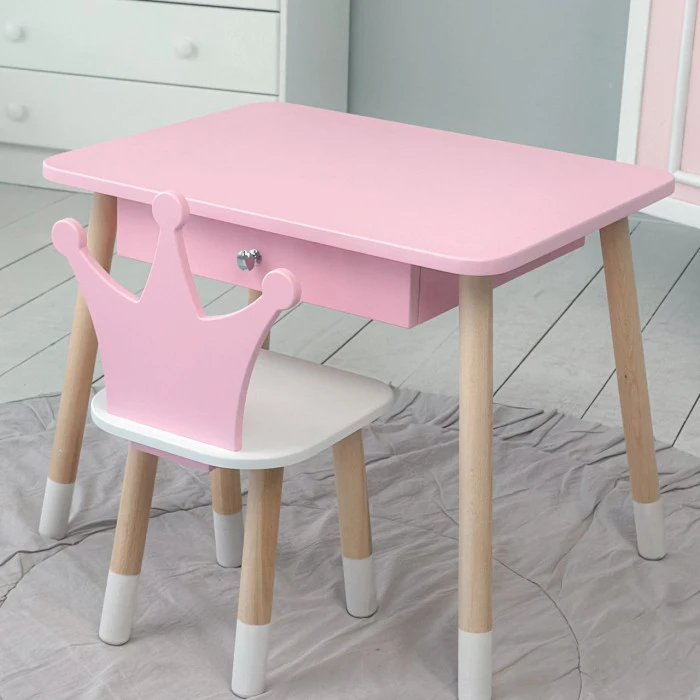 Стіл прямокутний з ящиком 46х60х45 і стілець корона 26.5х26х25, столик та стільчик в дитячу, рожевий з білим