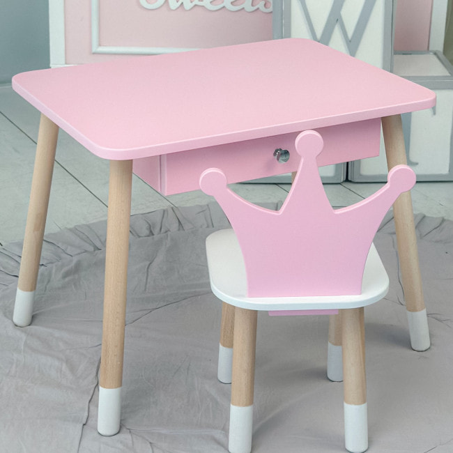 Стол прямоугольный с ящиком 46х60х45 и стул корона 26.5х26х25, столик и стульчик в детскую, розовый с белым