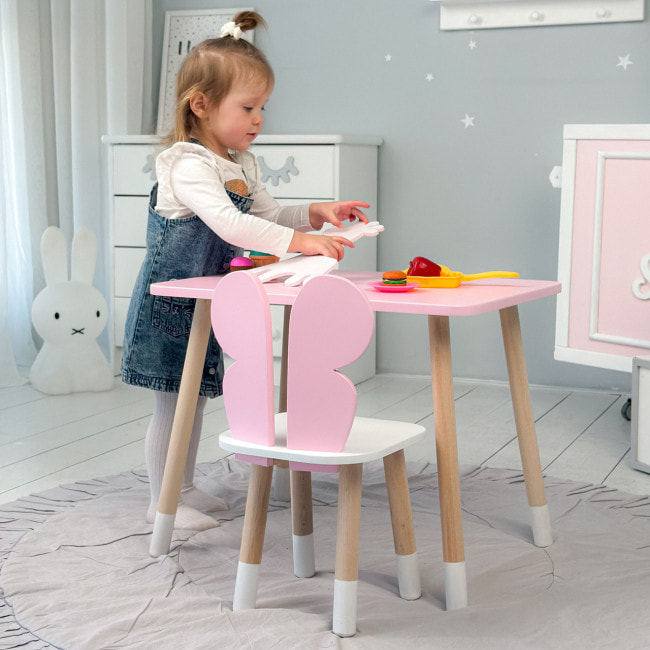 Стол прямой 46х60х45 и стул крылышка бабочка 26.5х26х25, столик и стульчик для девочки, розовый с белым