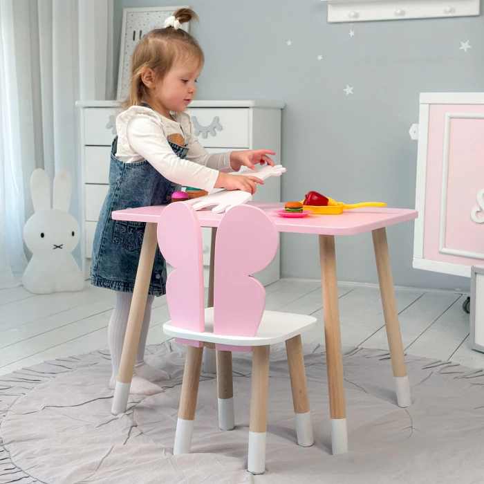 Стіл прямий 46х60х45 і стілець крильця метелик 26.5х26х25, столик та стільчик для дівчинки, рожевий з білим