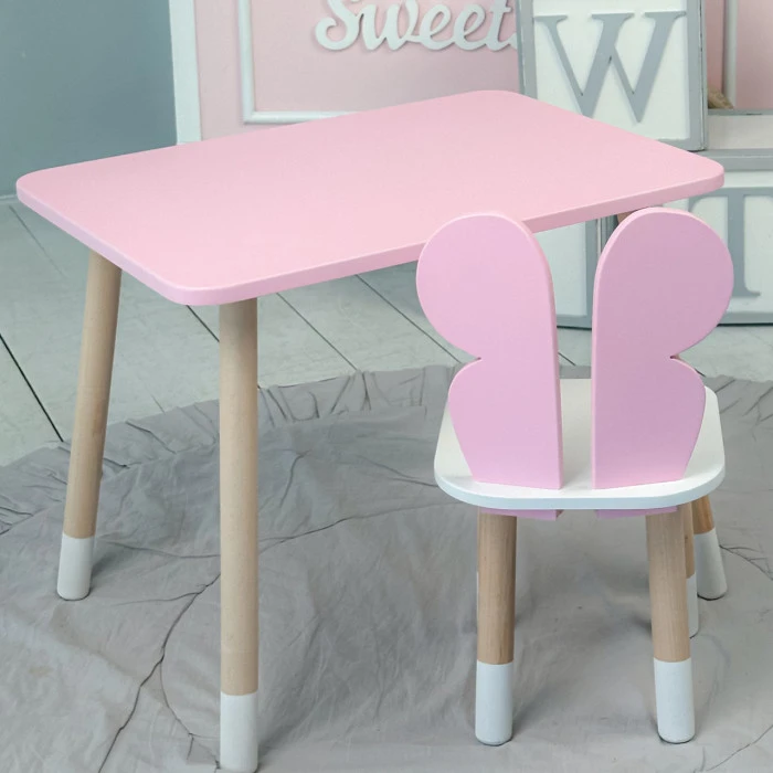 Стіл прямий 46х60х45 і стілець крильця метелик 26.5х26х25, столик та стільчик для дівчинки, рожевий з білим