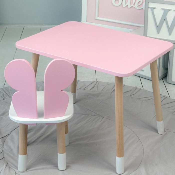 Стіл прямий 46х60х45 і стілець крильця метелик 26.5х26х25, столик та стільчик для дівчинки, рожевий з білим