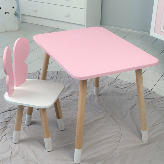 Стол прямой 46х60х45 и стул крылышка бабочка 26.5х26х25, столик и стульчик для девочки, розовый с белым