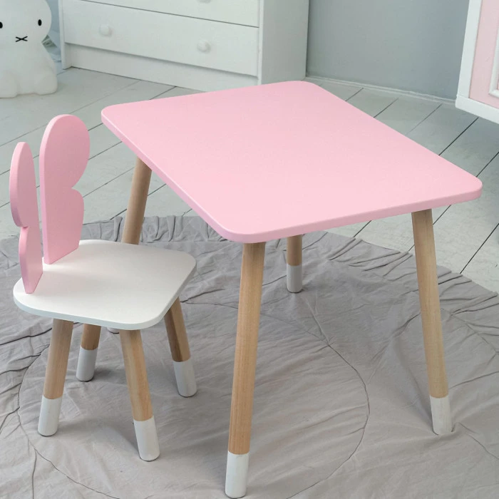 Стіл прямий 46х60х45 і стілець крильця метелик 26.5х26х25, столик та стільчик для дівчинки, рожевий з білим
