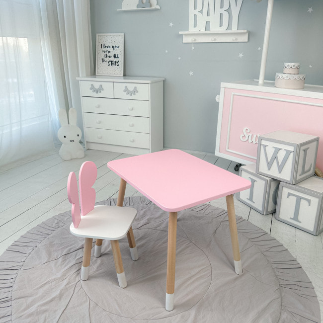 Стол прямой 46х60х45 и стул крылышка бабочка 26.5х26х25, столик и стульчик для девочки, розовый с белым