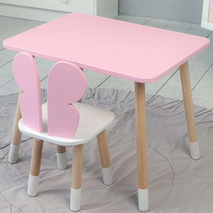 Стіл прямий 46х60х45 і стілець крильця метелик 26.5х26х25, столик та стільчик для дівчинки, рожевий з білим
