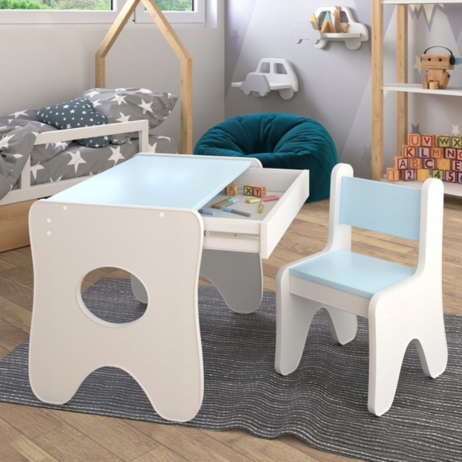 Набор детской мебели столик с ящиком и стульчик 70×45×51, стол и стул для детей, белый с голубым