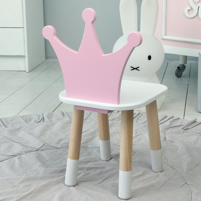 Детский стульчик "корона" из дерева 26.5х26х25см, стул для девочки, белый с розовым.