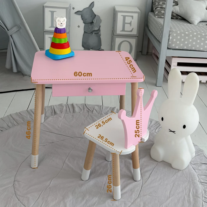 Стіл прямокутний з ящиком 46х60х45 і стілець корона 26.5х26х25, столик та стільчик в дитячу, рожевий з білим