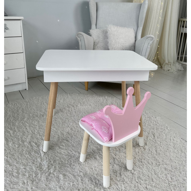 Столик с откидывающимся верхом 53х60х45 и стульчик корона 26.5х26х25, стол и стул для детей от 1 года, белый с розовым