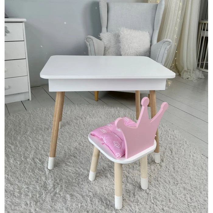 Столик с откидывающимся верхом 53х60х45 и стульчик корона 26.5х26х25, стол и стул для детей от 1 года, белый с розовым