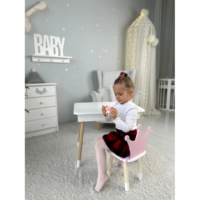 Столик с откидывающимся верхом 53х60х45 и стульчик корона 26.5х26х25, стол и стул для детей от 1 года, белый с розовым