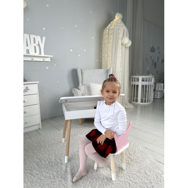 Столик с откидывающимся верхом 53х60х45 и стульчик корона 26.5х26х25, стол и стул для детей от 1 года, белый с розовым