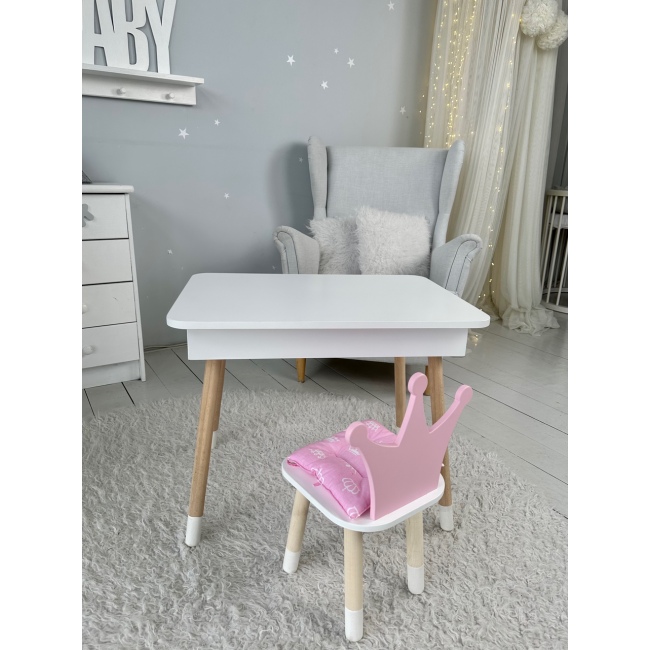 Столик с откидывающимся верхом 53х60х45 и стульчик корона 26.5х26х25, стол и стул для детей от 1 года, белый с розовым