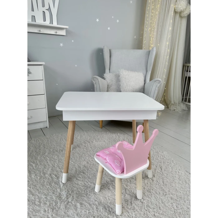 Столик с откидывающимся верхом 53х60х45 и стульчик корона 26.5х26х25, стол и стул для детей от 1 года, белый с розовым