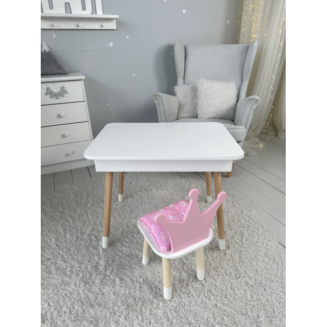 Столик с откидывающимся верхом 53х60х45 и стульчик корона 26.5х26х25, стол и стул для детей от 1 года, белый с розовым