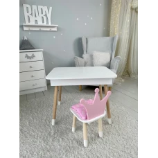 Столик з відкидним верхом 53х60х45 і стільчик корона 26.5х26х25, стіл та стілець для дітей від 1 року, білий з рожевим