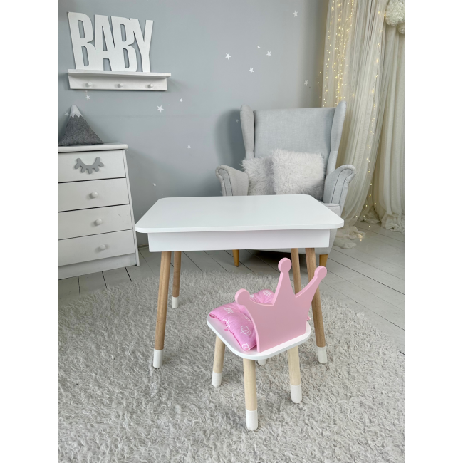 Столик с откидывающимся верхом 53х60х45 и стульчик корона 26.5х26х25, стол и стул для детей от 1 года, белый с розовым