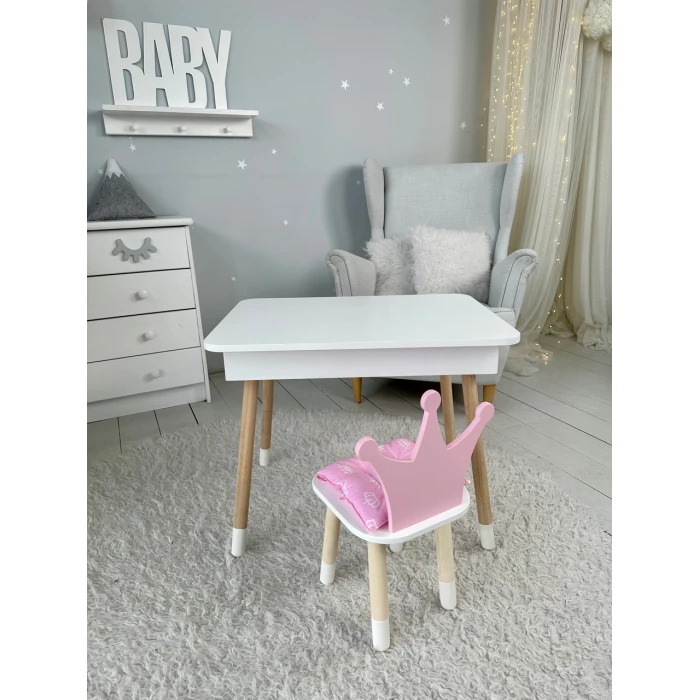 Столик с откидывающимся верхом 53х60х45 и стульчик корона 26.5х26х25, стол и стул для детей от 1 года, белый с розовым