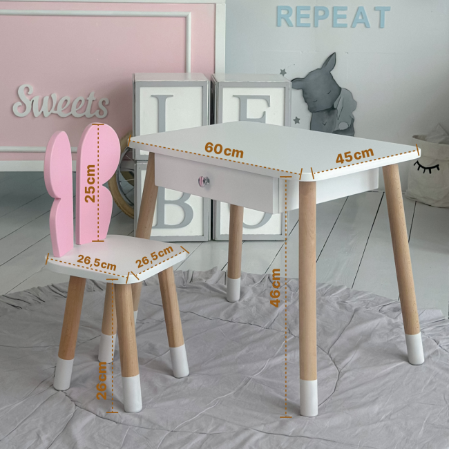 Стол прямоугольный с ящиком 46х60х45 и стул бабочка 26.5х26х25, столик и стульчик для девичьей комнаты, розовый с белым