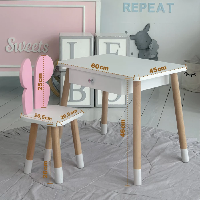 Стіл прямокутний з шухлядою 46х60х45 і стілець метелик 26.5х26х25, столик та стільчик для дівчачої кімнати, рожевий з білим