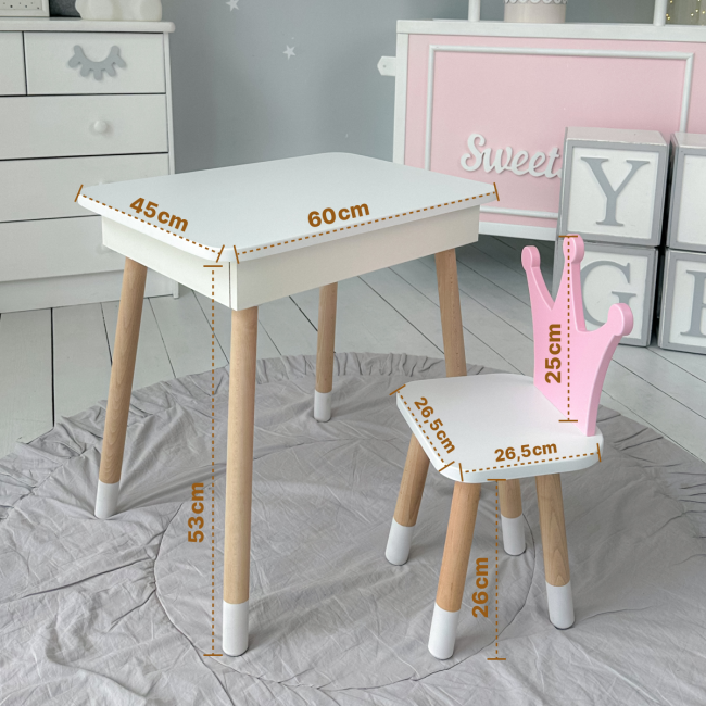 Столик с откидывающимся верхом 53х60х45 и стульчик корона 26.5х26х25, стол и стул для детей от 1 года, белый с розовым