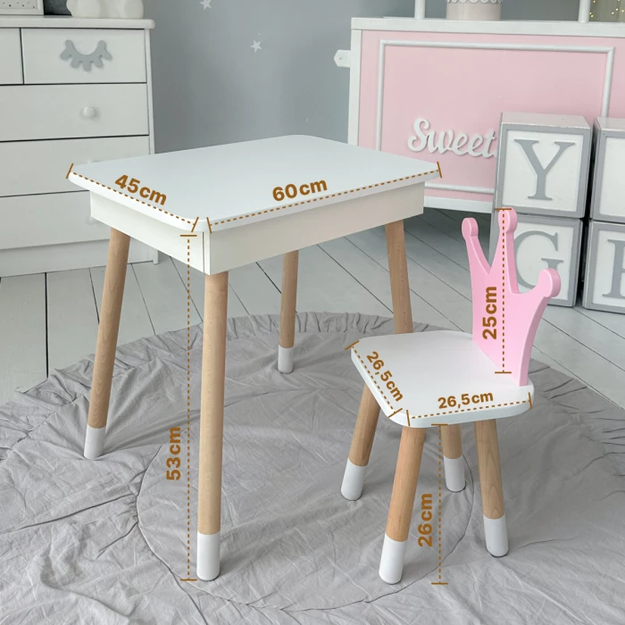 Столик с откидывающимся верхом 53х60х45 и стульчик корона 26.5х26х25, стол и стул для детей от 1 года, белый с розовым