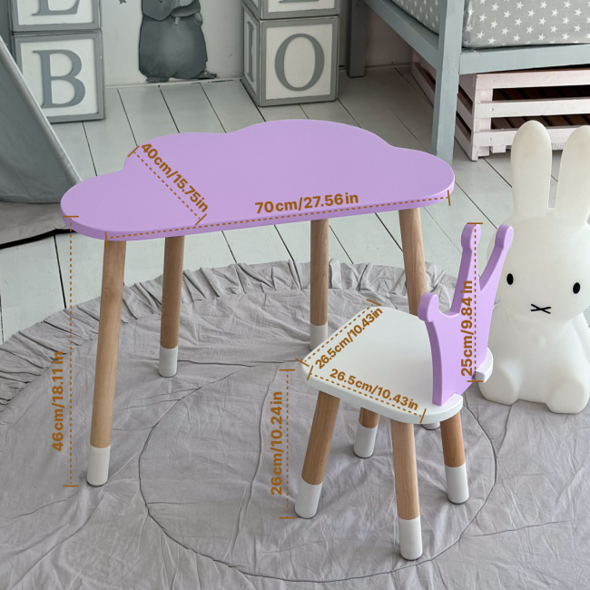 Стіл хмарка 46х70х40 та стільчик коронка 26.5х26х25, дитячий столик та стілець для малювання/занять, фіолетовий з білим