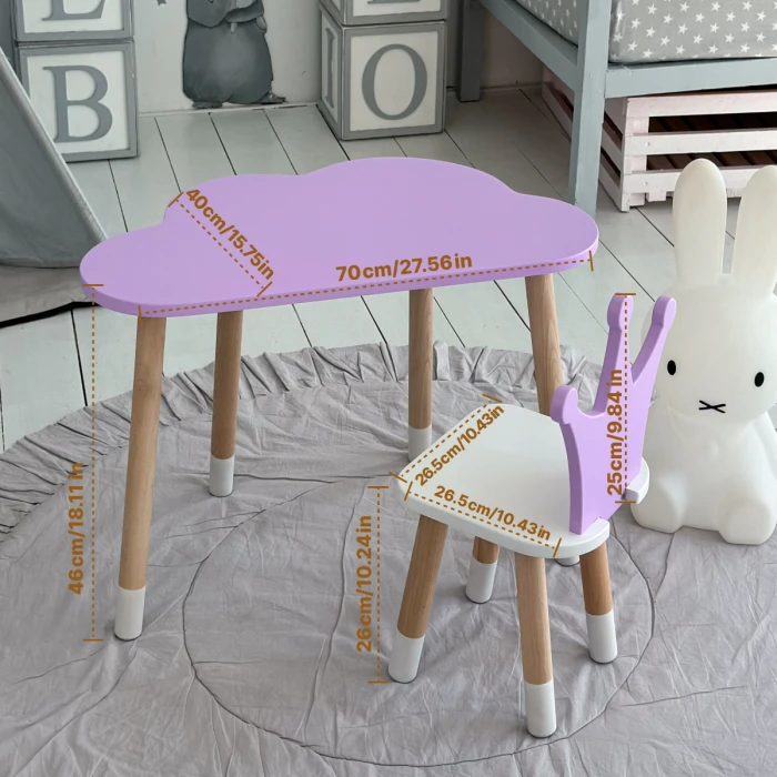 Стіл хмарка 46х70х40 та стільчик коронка 26.5х26х25, дитячий столик та стілець для малювання/занять, фіолетовий з білим