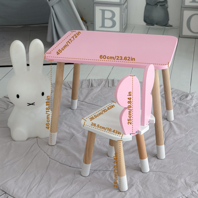 Стол прямой 46х60х45 и стул крылышка бабочка 26.5х26х25, столик и стульчик для девочки, розовый с белым