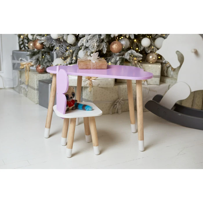 Стіл хмарка 46х70х40 та стільчик метелик 26.5х26х25, дитячий столик та стілець для малювання/занять, фіолетовий з білим