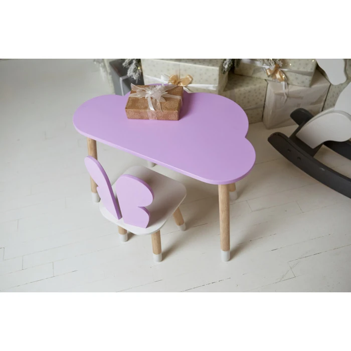 Стіл хмарка 46х70х40 та стільчик метелик 26.5х26х25, дитячий столик та стілець для малювання/занять, фіолетовий з білим
