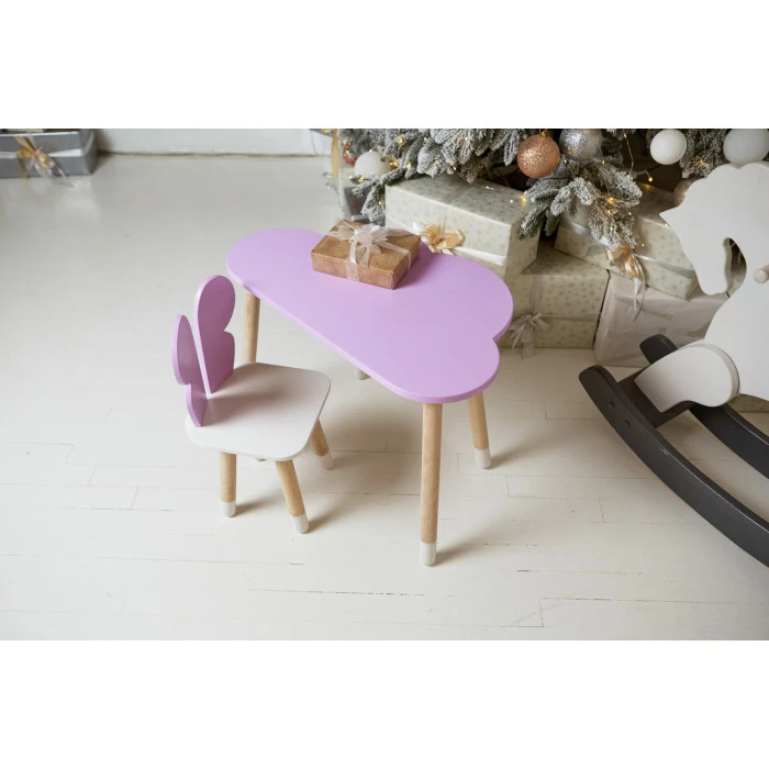 Стіл хмарка 46х70х40 та стільчик метелик 26.5х26х25, дитячий столик та стілець для малювання/занять, фіолетовий з білим