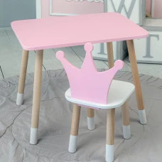Стіл прямокутний 46х60х45 і стілець корона 26.5х26х25, столик та стільчик для дівчинки до 7 років, рожевий білим