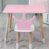 Стіл прямокутний 46х60х45 і стілець корона 26.5х26х25, столик та стільчик для дівчинки до 7 років, рожевий білим