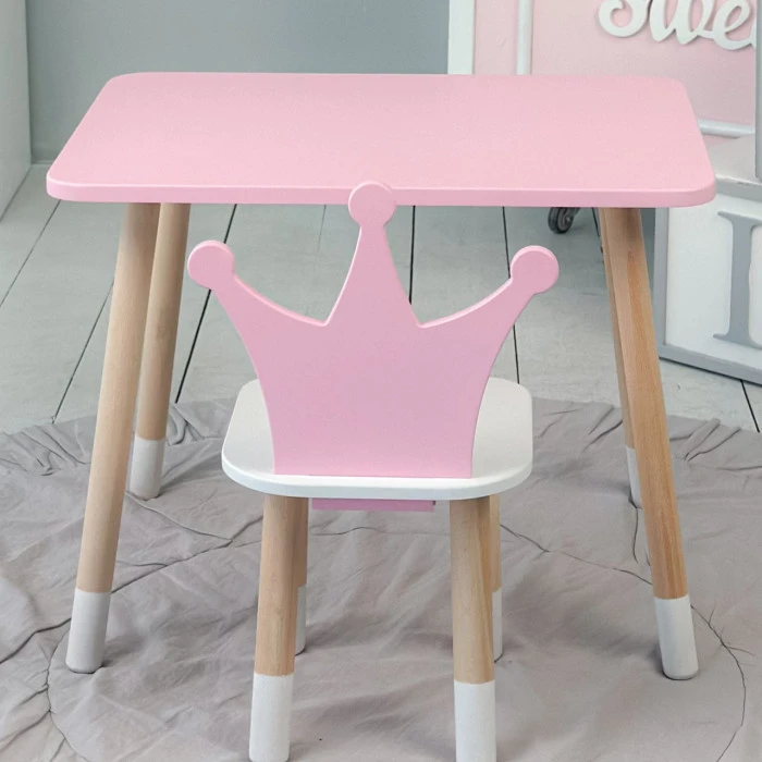 Стіл прямокутний 46х60х45 і стілець корона 26.5х26х25, столик та стільчик для дівчинки до 7 років, рожевий білим