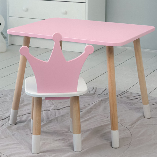 Стол прямоугольный 46х60х45 и стул корона 26.5х26х25, столик и стульчик для девочки до 7 лет, розовый
