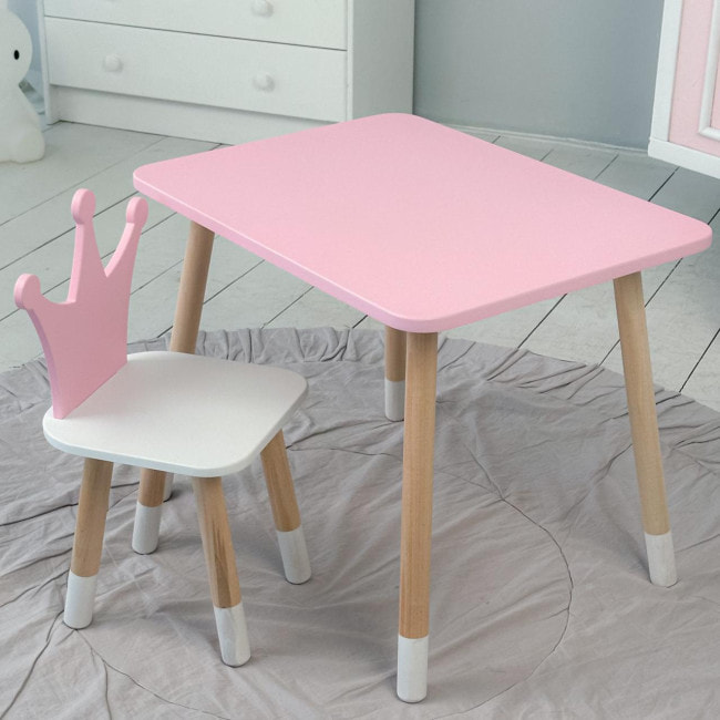 Стол прямоугольный 46х60х45 и стул корона 26.5х26х25, столик и стульчик для девочки до 7 лет, розовый