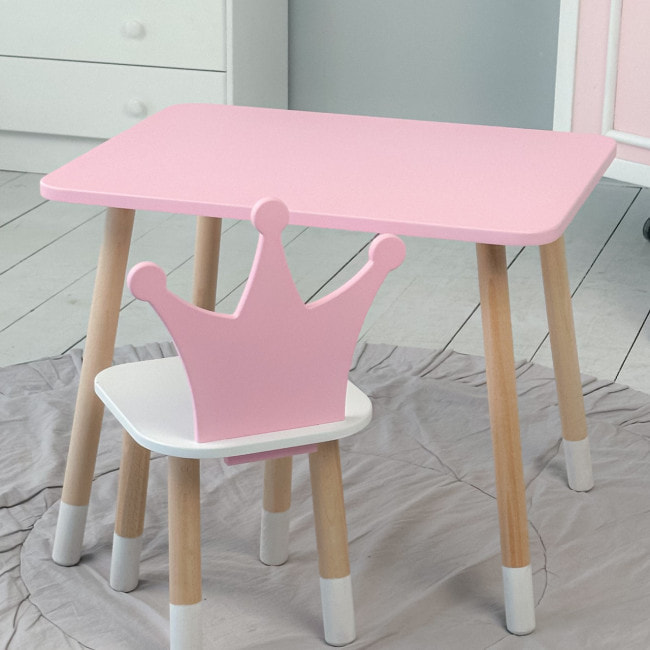 Стол прямоугольный 46х60х45 и стул корона 26.5х26х25, столик и стульчик для девочки до 7 лет, розовый