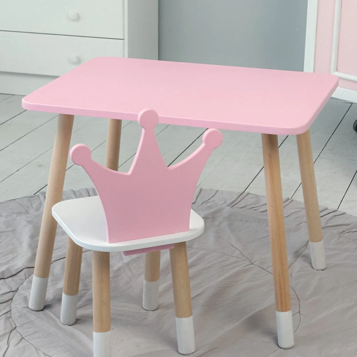 Стіл прямокутний 46х60х45 і стілець корона 26.5х26х25, столик та стільчик для дівчинки до 7 років, рожевий білим